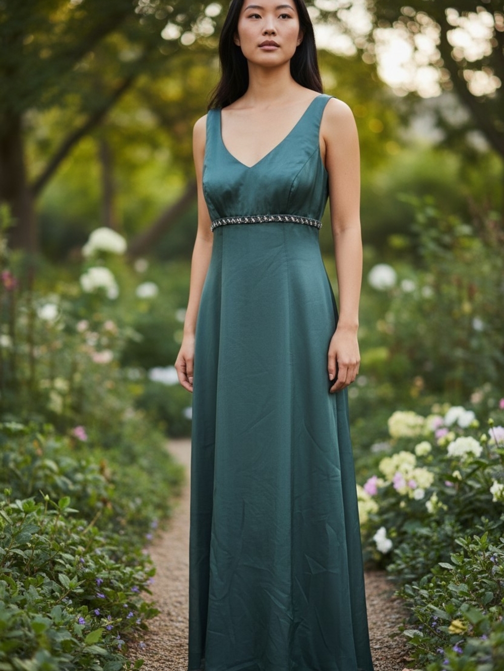 Sleeveless Teal V-Neck Evening Gown with Embellished Waist